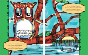 Sample 2 - 8.5x11 with full illustrations across two-page spread (with background) and text in frames.